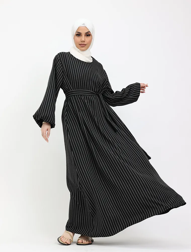 Black Stripe Linen Feel Essential Abaya